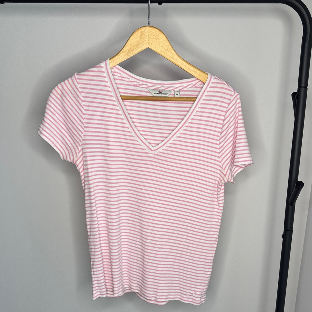 Vineyard Vines Pink and White Striped V-Neck Tee